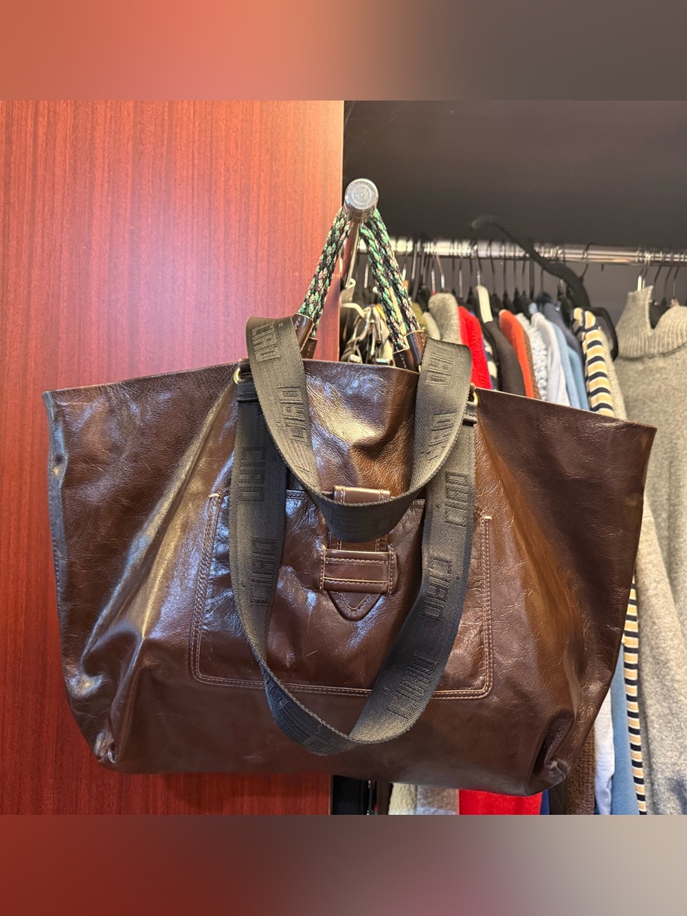 Clare V. Grande Bateau Tote - Braided-Handle Mocha BrownLeather with Black Strap - Picture 2 of 3